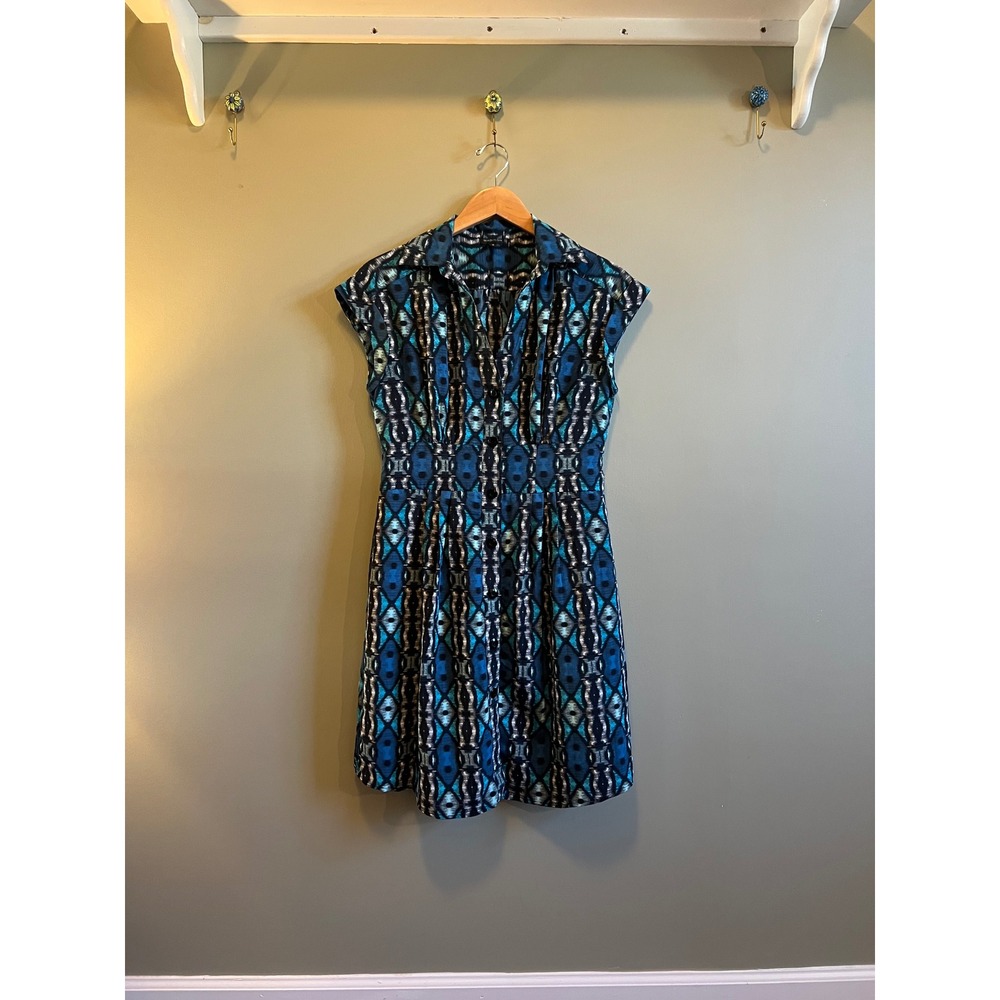 Madison Blue Teal Geometric Ikat Print Button Front Cap Sleeve Shirtdress 8